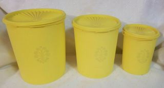 Vtg Retro Yellow Tupperware Servalier Plastic Canisters & Covers Usa Ships