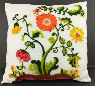 Vintage 70s Jacobean Floral Crewel Needlepoint Pillow Complete Linen Wool Throw