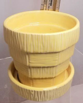 Vtg Mccoy Pottery Yellow Basket Weave Planter Attached Saucer Usa Ships