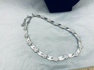 Vtg.  Crown Trifari Silver Tone & Clear Rhinestone Flowers Draped Link Necklace