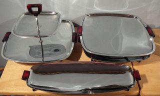4 Vintage Glo - Hill Chrome Trays Serving Platters Cherry Bakelite