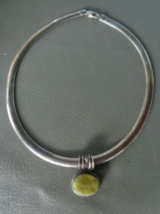 Vintage Sterling Silver Bezel Set Green Agate Choker Necklace Pendant 17 ",  44 G