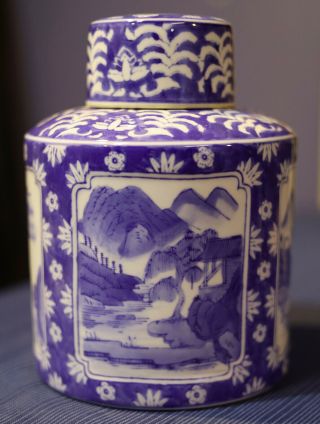Vintage Chinese Ginger Jar Blue And White With Lid Mountain Scene