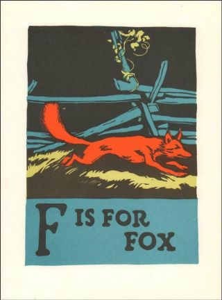 F Is For Fox By C B Falls,  Vintage Wood Block Print,  Published 1923