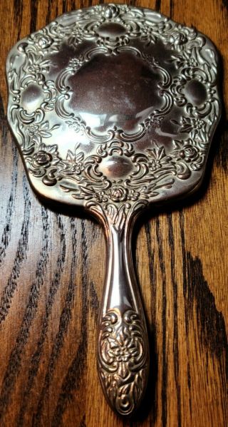 Gorgeous Heavy Antique Silver Metal Art Nouveau Style Vintage Hand Mirror