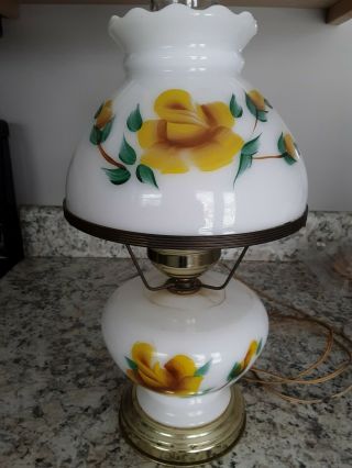 Vintage White Milk Glass With Globe Painted Yellow Roses Hurricane Lamp