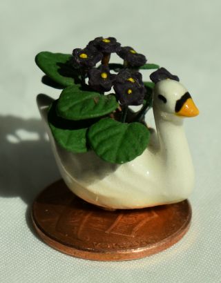 Dollhouse Miniature Artisan Diane Foster Swan Planter African Violet Flowers