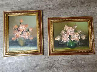 Set Of 2 Vintage Wood Framed And Signed Oil On Canvas Floral Pictures Lovely