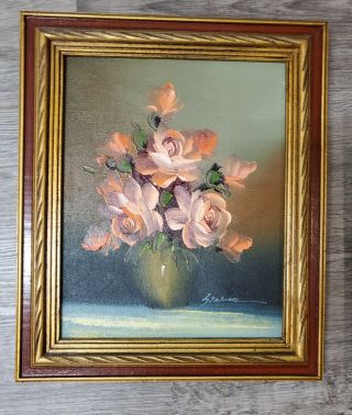 Set Of 2 vintage wood framed and signed oil on canvas floral pictures lovely 2