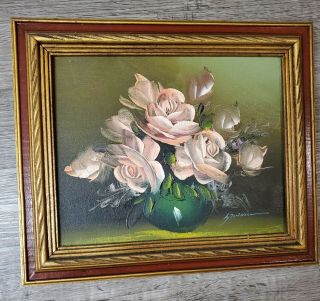 Set Of 2 vintage wood framed and signed oil on canvas floral pictures lovely 3
