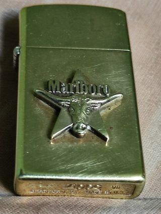 Vintage Solid Brass Marlboro Texas Star Longhorn Steer Bull Zippo Lighter 1992