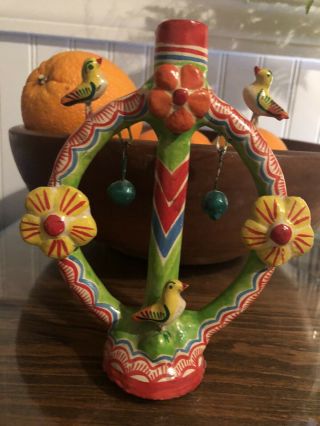 Vintage Mexico Pottery Folk Art Birds And Flowers Candelabra Candle Holder