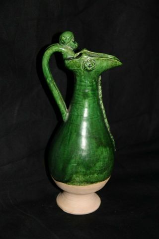 Vintage Green Drip Glaze Pottery Pitcher With Monkey Head And Designs