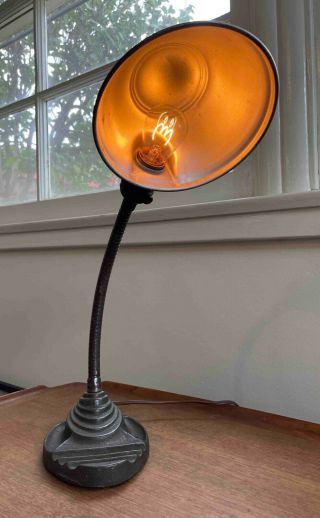 Vintage Art Deco Gooseneck Desk Lamp Cast Iron Base Bakelite Extension Cord 2