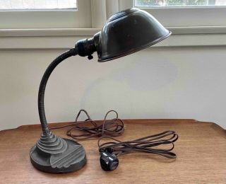Vintage Art Deco Gooseneck Desk Lamp Cast Iron Base Bakelite Extension Cord 3