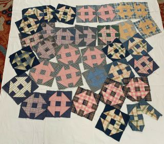 35 Estate Vtg Quilt Blocks Pieced Fabrics Propeller - Churn Dash Pattern 8.  5” Sq