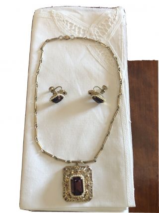 Vintage Coro Amethyst Rhinestone And Seed Pearl Necklace Earring Set Exquisite
