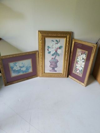Set Of 3 Vintage Bronze Framed Barbara Mock Magnolia Floral Prints