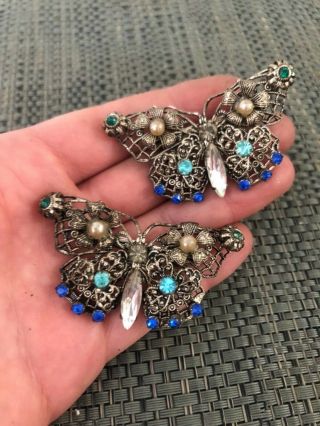 2 Antique Art Deco Czech Glass Butterfly Brooches Pins Stamped Czechoslovakia