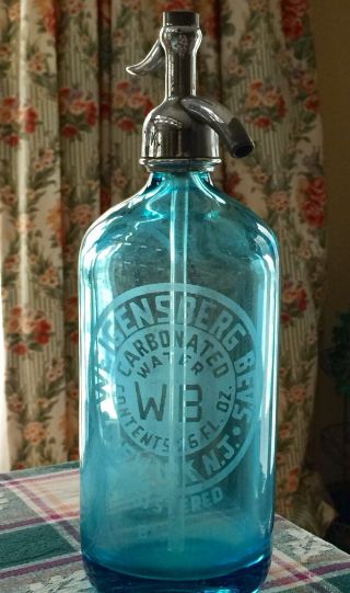Vintage Blue Seltzer Bottle Etched Circle Label " A.  Weigensberg Newark N.  J.  "