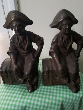 Vintage Solid Brass Pirate Bookends Sitting On Treasure Chest Skull & Crossbones