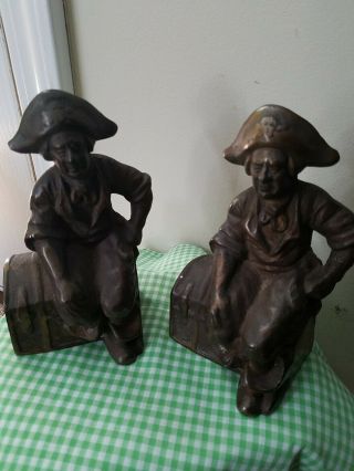 Vintage Solid Brass Pirate Bookends Sitting On Treasure Chest Skull & Crossbones 3