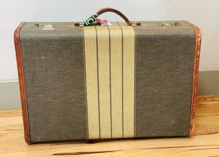 Vintage Tweed Striped Hard Sided Suitcase With Leather Handle And Edges C.  1920 