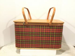Vintage Redmon Red Plaid Picnic Basket With Flatware And Cloth