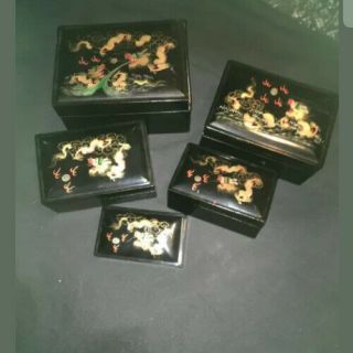 Set Of 5 Vintage Chinese Black Lacquer & Abalone Nesting Boxes
