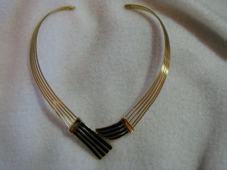 Vintage Trifari (c) Black Enamel Gold Tone Choker Collar Necklace