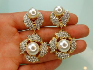 Gem - Craft Runway Couture Vtg Mogul Glass Pearl Crystal Floral 2 " Dangle Earrings