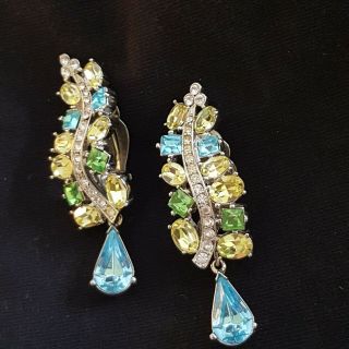 Vintage Joan Rivers Multi Color Rhinestone Dangle Tear Drop Clip Earrings