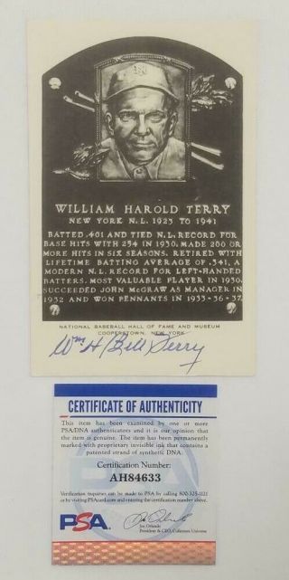 Bill Terry Signed Mlb Hall Of Fame Artvue Postcard Plaque (giants) Psa Dna