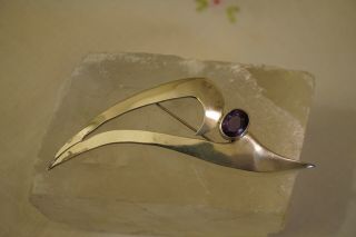 Ed Signed Vintage Sterling Silver Amethyst Abstract Brooch Pin