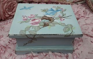 Ooak Vintage Hand Painted Shabby Chic Wooden Box Blue Birds Unique Gift