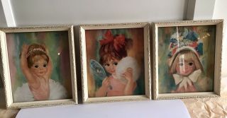 Set Of 3 Vintage ‘soulet’ Big Eye Girls Framed Prints