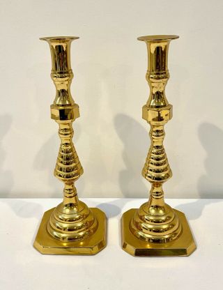 Vintage Brass 11 3/4” Candlesticks Forged In America Beehive Design Traditional