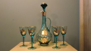 Vintage Blue Glass Decanter With 6 Glasses
