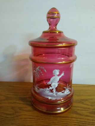 Vintage Mary Gregory Cranberry Glass Vanity Jar With Lid Girl Chasing Butterfly