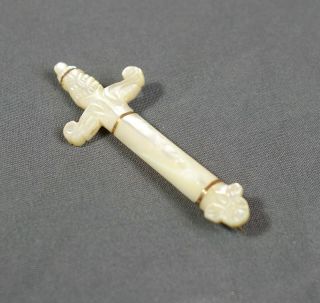 Antique 19th C Victorian Hand Carved Mother of Pearl Figural Cross Pin Brooch 2