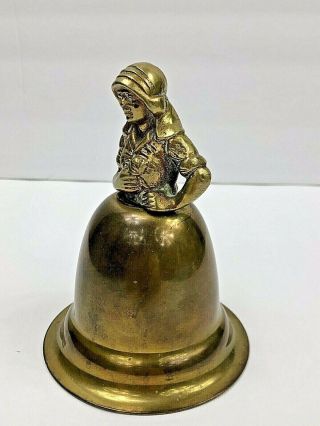 RARE VINTAGE NESTOR BRASS FIGURAL BELL WOMAN WITH FLOWER MADE IN ENGLAND 4.  5”T 2
