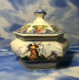 Vintage Delft Multi - Color Hand Painted Octagonal Candy Dish W/ Lid Windmill Rguc
