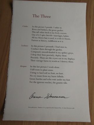 Poetry Sheet.  Five Seasons Private Press.  Limited Edition.  Anne Stevenson.