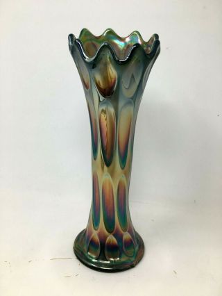 Vintage Fenton 10 " Green Carnival Glass Long Thumbprint Vase