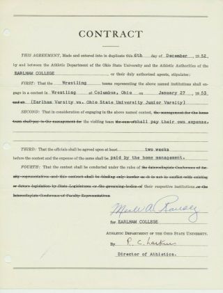 1952 Merle Rousey Earlham College Signed Wrestling Contract V.  Ohio State