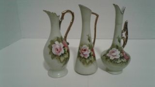 3 Vintage Lefton Green Heritage Rose Hand Painted Bud Vases/pitchers 748