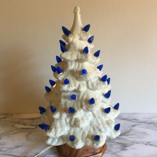 Vintage Ceramic White Christmas Tree With Blue Lights