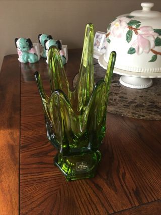 Vintage Viking 6 Points Vase Art Glass Green Swung Pedestal 10 Inches Tall