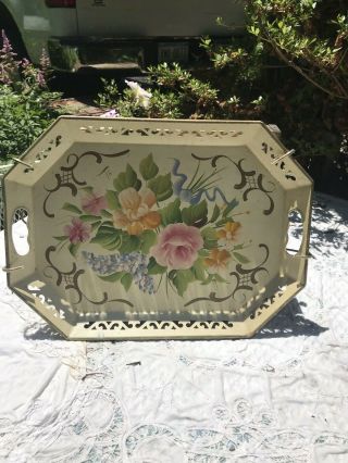 Vintage 18 " X13 " Tole Metal Serving Tray W/ Hand Painted Floral Design