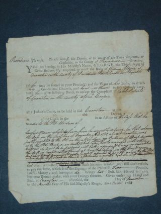 C.  1768 Partially Printed Colonial Rhode Island Arrest Warrant